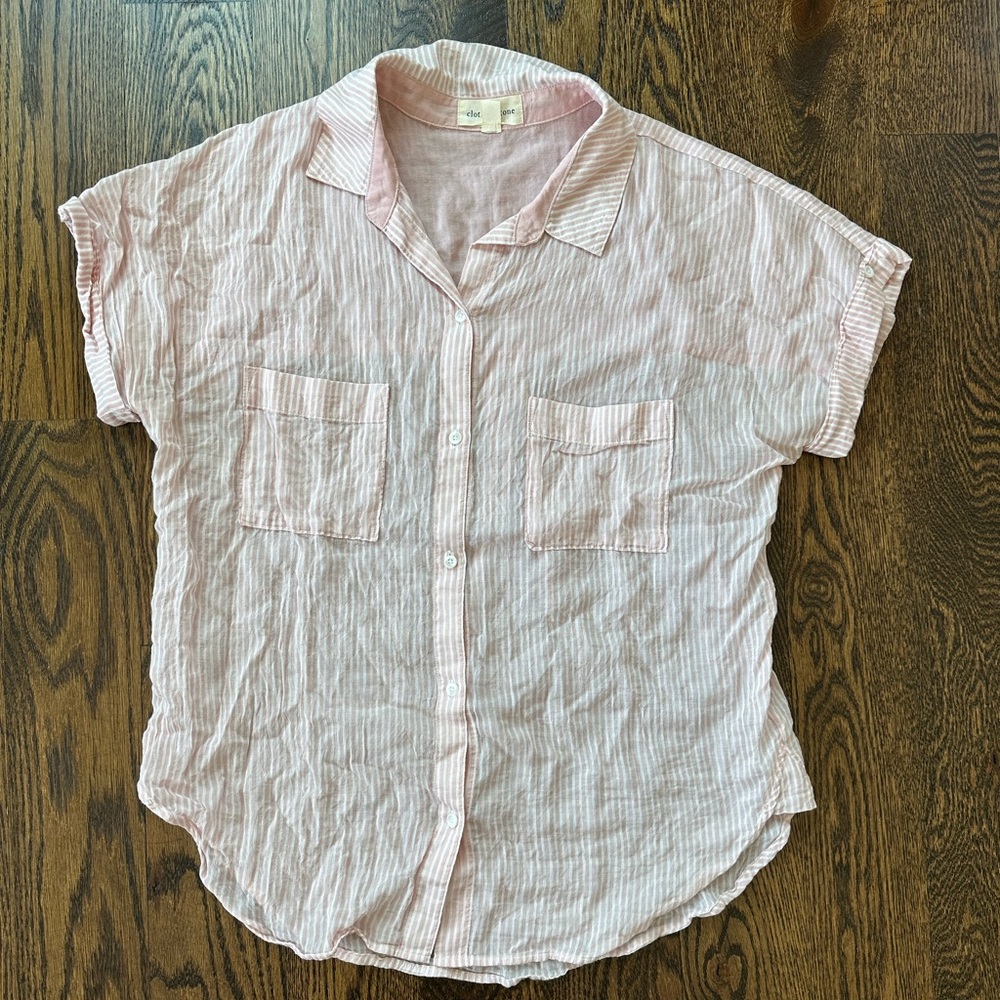 Anthropologie Cloth & Stone Pink & White Shear Button Down T-Shirt. Size Medium